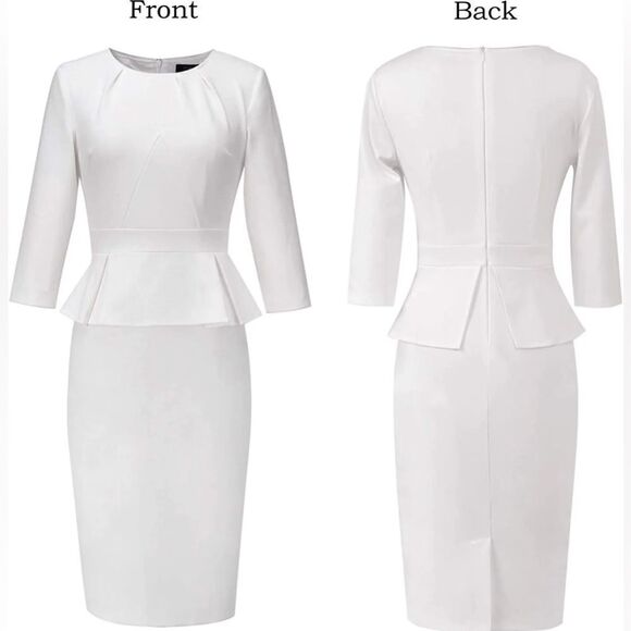 VFSHOW Womens Pleated Crew Neck Peplum Wear to Work Office Sheath Dress size L - Picture 2 of 8